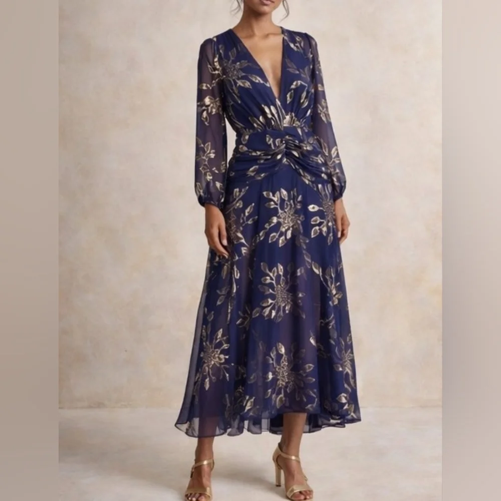 *SOLD* NWT ANTHRO | $528 Delfi Lizette Ruched Silk Chiffon Dress - Picture 3 of 7